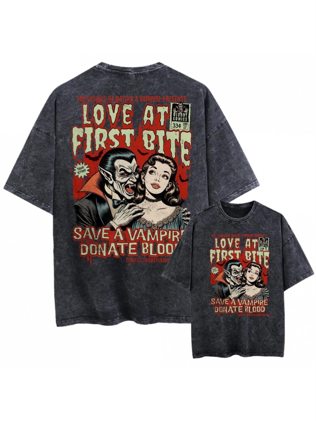 Vintage Washed Black Tshirt Graphic Men Women Clothing Love At First Bite Save A Vampire Donate Blood Retro Halloween Shirt Graph Dracula Halloween Menswear Top 90s tees cotton t-shirt