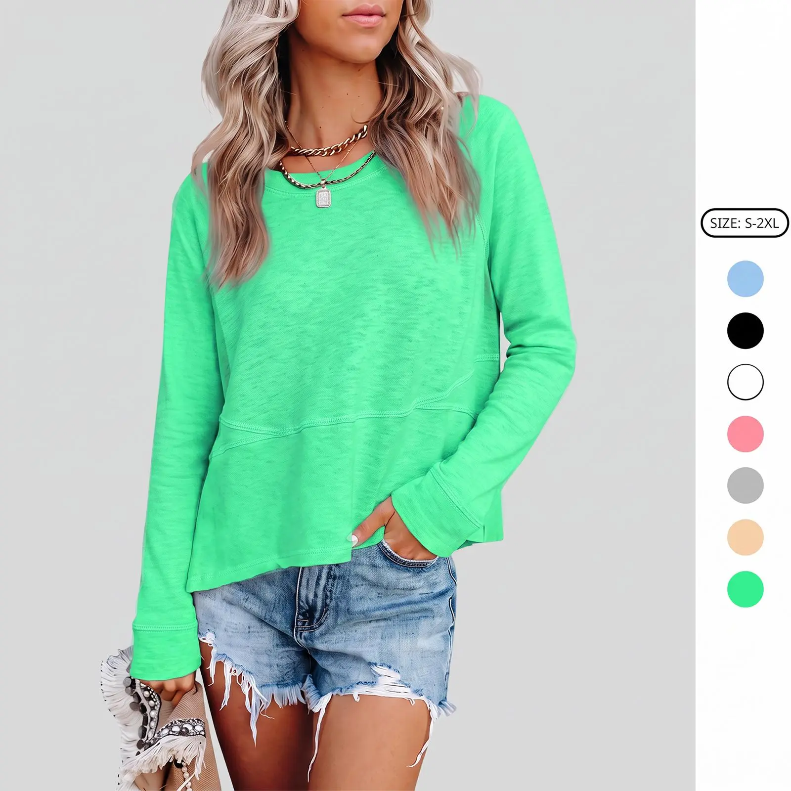 Imily Bela Women's Fall Casual Crewneck Long Sleeve T-Shirts Solid Color Loose Fit Cute Basic Flowy Tops Tees Blouses