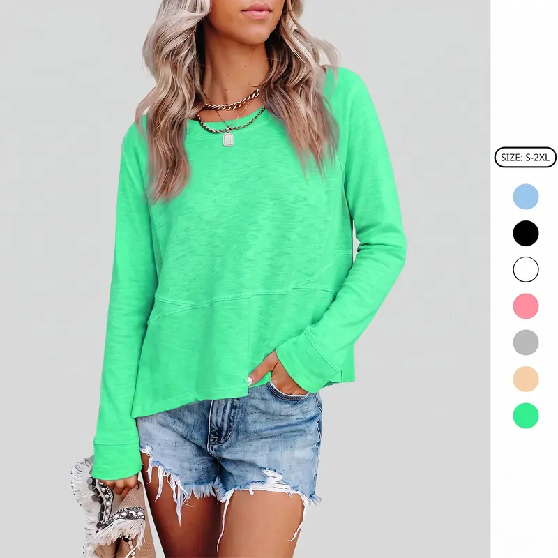 Imily Bela Women's Fall Casual Crewneck Long Sleeve T-Shirts Solid Color Loose Fit Cute Basic Flowy Tops Tees Blouses