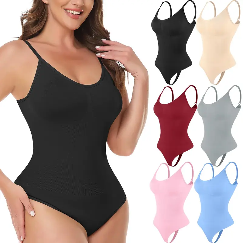 Women's Seamless Tummy Control Fit Shapewear Bodysuit - Stretchy Soft V-Neck Sleeveless Thong Shaper, Cute Preppy Tank Top for Wedding, Work, Breathable Everyday Wear