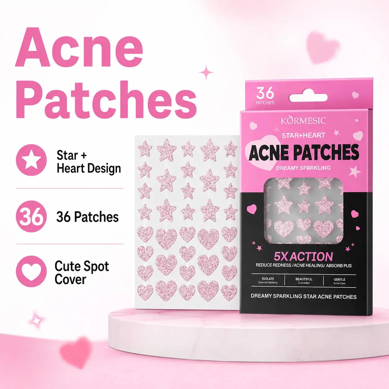 Star & Heart Acne Patches, Cute Hydrocolloid Spot Cover Stickers, Pink Glitter Blemish Patches, Acne Spot Treatment, Gentle, Redness, 36 Count