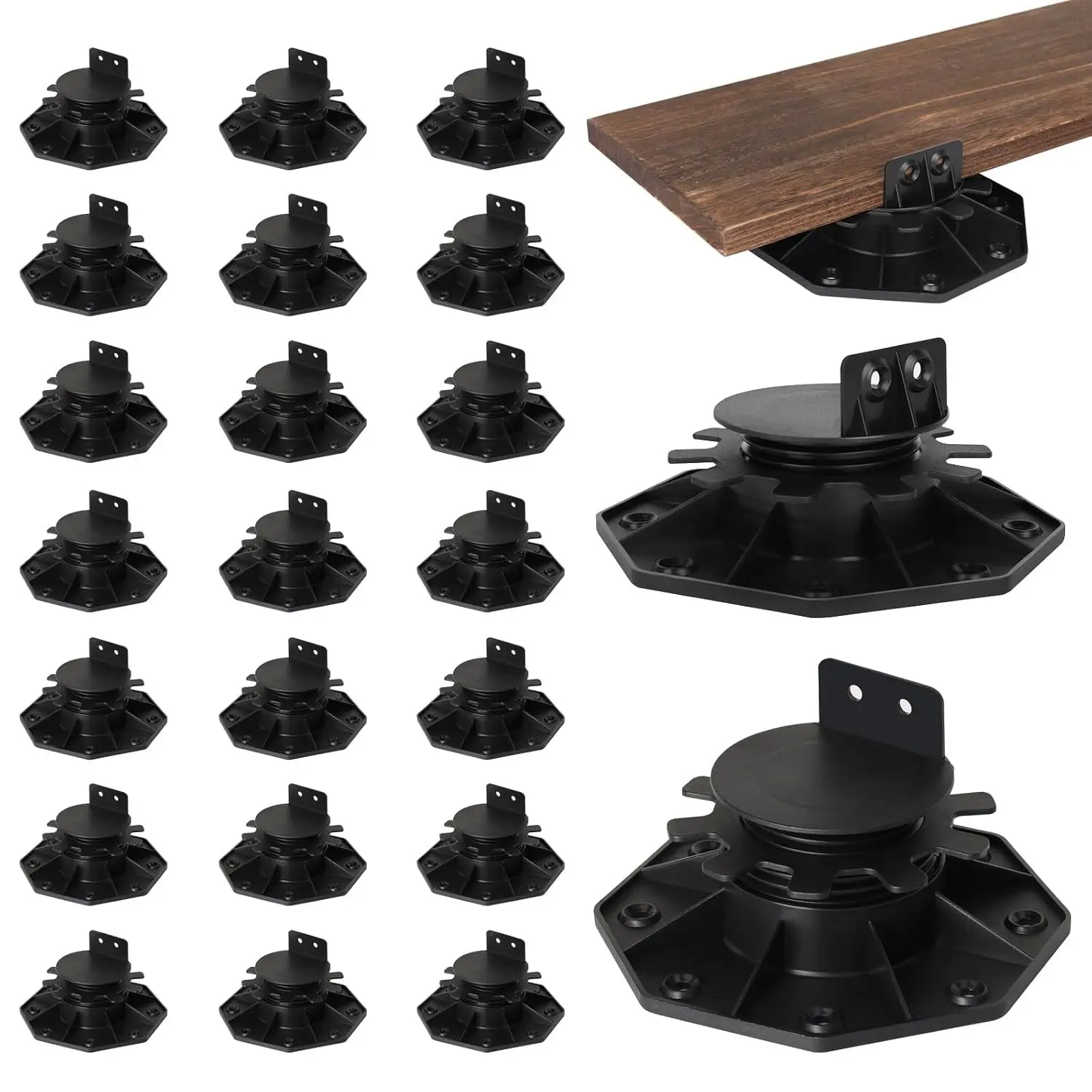 24 Pack Adjustable Deck Support Pedestals, Shed Foundation Base Blocks for Floor Raising 1-3/16" to 2-3/8", Plastic Joist Supports for Outdoor Anti-Corrosive Wood, Black