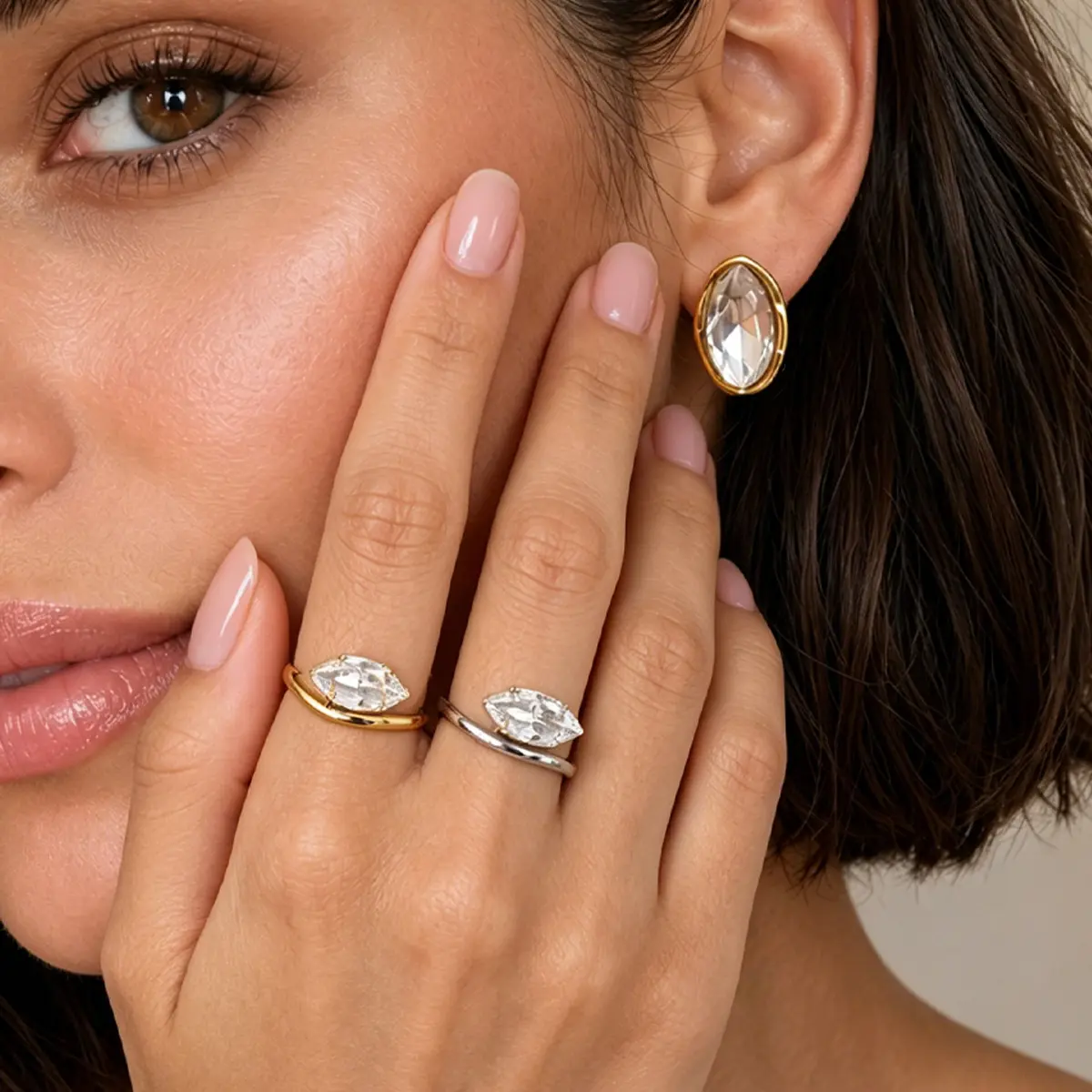 Unisex Marquise Cut Premium Faux Crystal Ring - Silver-Plated Gold-Tone, Adjustable Asymmetrical Open Wrap Band, Ultra-Lightweight Streetwear Statement Sports Wristband Jewelry, Statement Pieces, Lolias, Adjustable Fit, Zero Finger Irritation