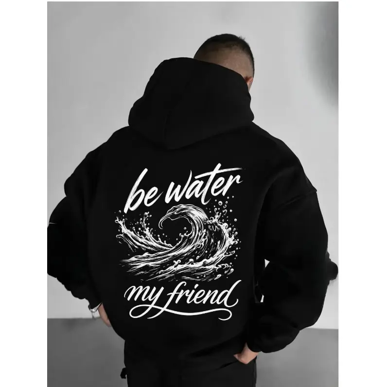 Men's Be Water Wave Graphic Hoodie - Oversized Pullover with Drawstring, Kangaroo Pocket, Soft Cozy Fleece for Fall Winter Casual Streetwear