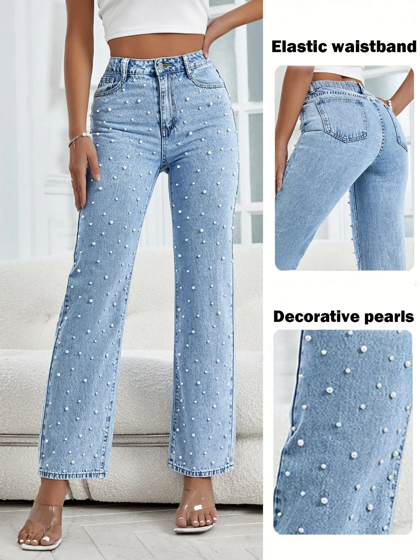 Women's Casual Fashion Pearl Embellished Denim Mid-Waist Straight Leg Pants, Lightweight Luxury Daily Wear, Trendy and Comfortable