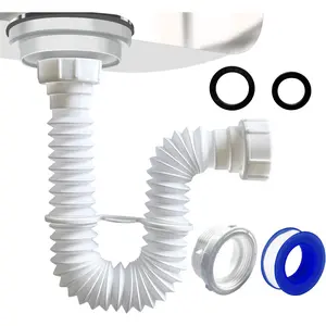 1-1/2" Sink Drain Pipe Kit, Flexible Drain Pipe P-Elbow, 7.5"-17.7" Flexible P-Elbow, suitable for under-sink plumbing in bathrooms and kitchens, includes 1-1/4" adapter