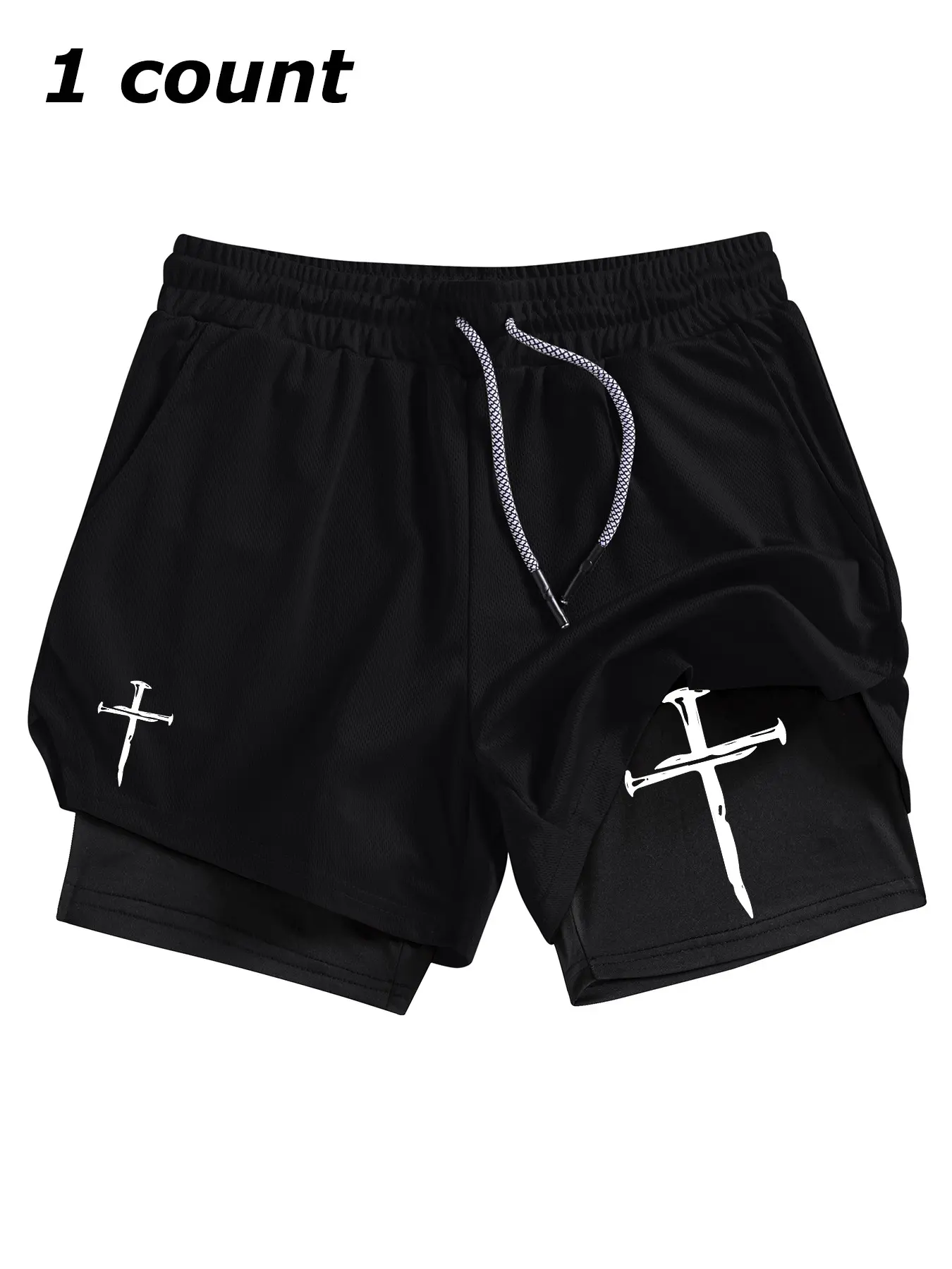 Men's Cross Print Drawstring Waist 2 in 1 Sports Shorts, Regular Fit Sporty Breathable Quick Drying Pocket Shorts, Elastic Drawstring Shorts, Gym Shorts, Summer Sports Bottoms for Gym Workout Running, Gym Clothing, Athletic Wear Shorts
