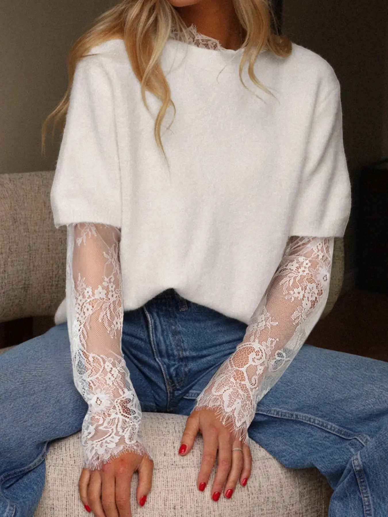 Women's Fairycore Mock Two-Piece Fuzzy Knit Sweater | Coquette Lace Long Sleeve Top | Romantic Soft Pullover