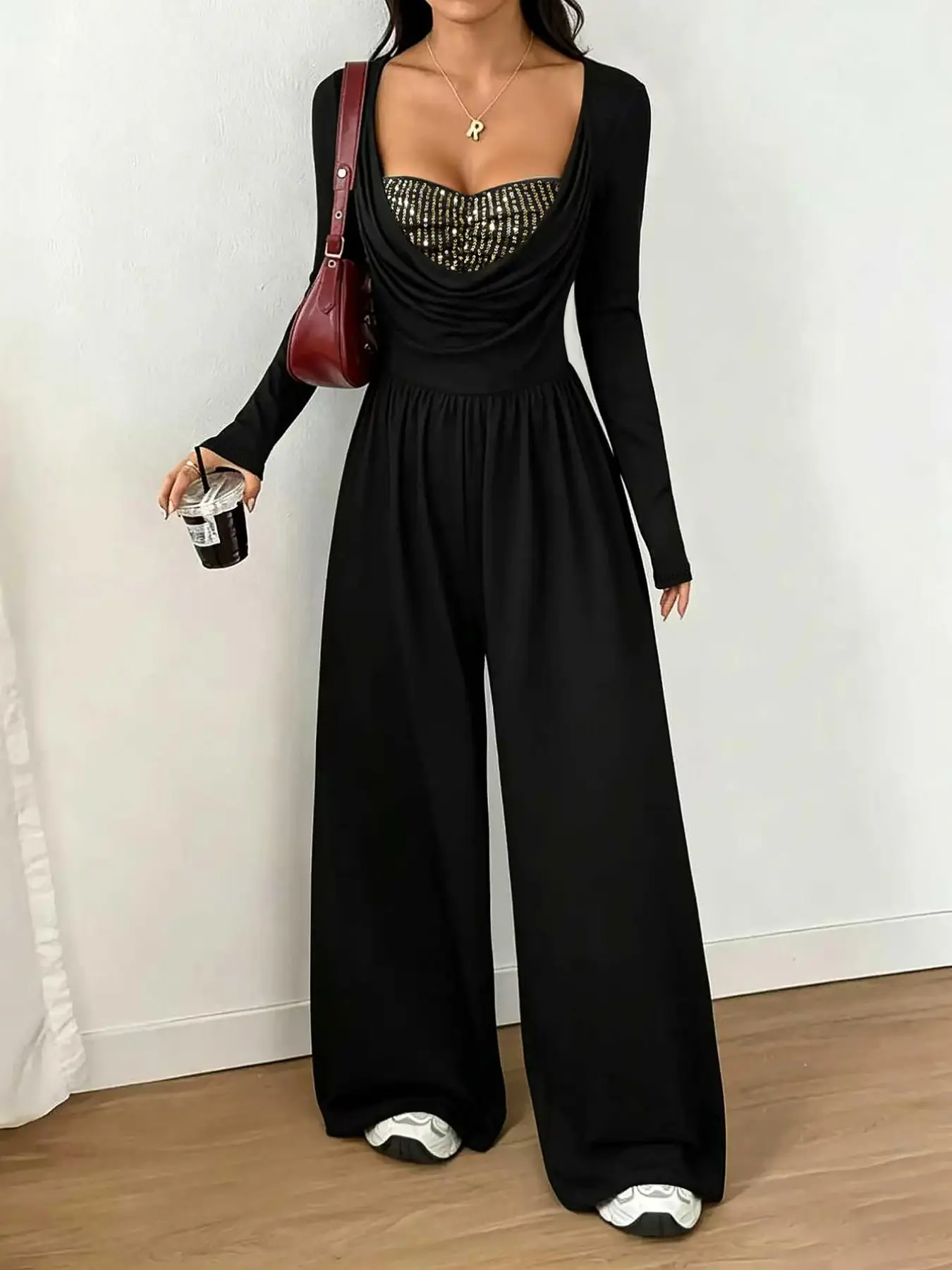 Ladies' Swinging Collar Sequin Splicing Long Sleeved Wide Leg Jumpsuit, Women American Casual Style Chest Sequin Fake Two-Piece Design Hanging High Waist Suitable For Daily Commuting, Casual Dating, Early Autumn Streetwear