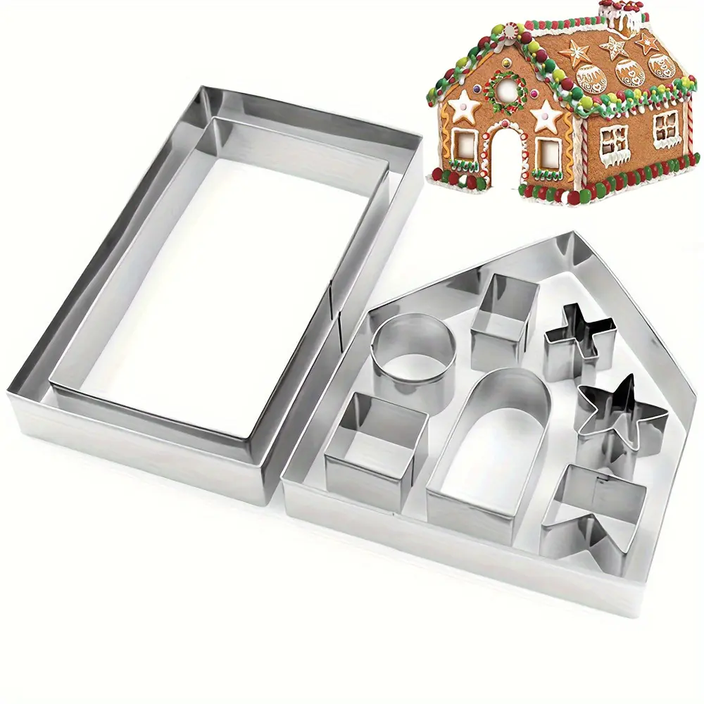 10pcs 3D Gingerbread House Cookie Cutter Set, Stainless Steel Christmas Baking Molds. Build your own miniature gingerbread house with house, window, door & star cutters. Ideal for holiday baking, Xmas party cookies & DIY decoration.