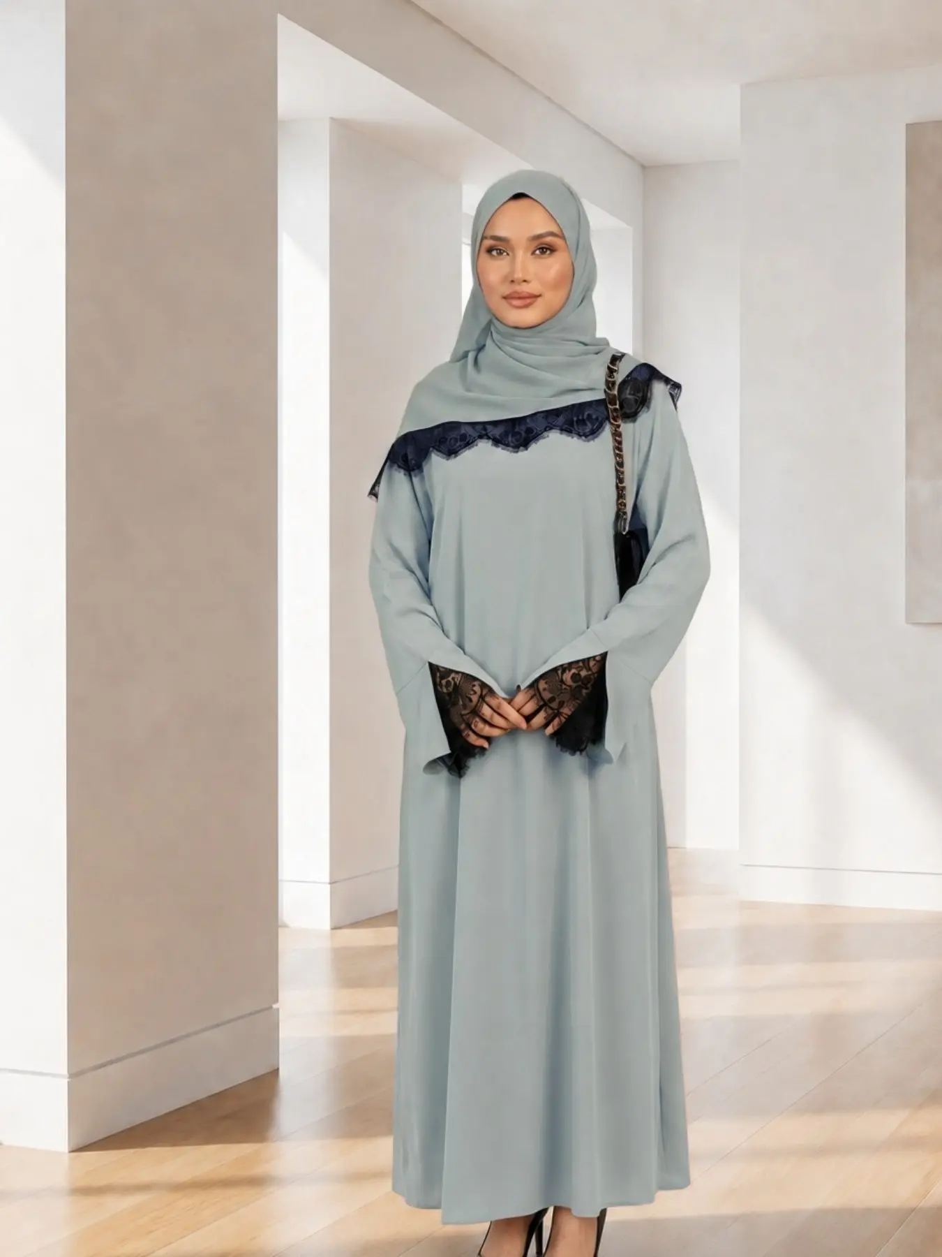 New Muslim Women's Lace Patchwork Abaya Two-Piece Set, Elegant Bell Sleeve Long Dress, Casual All-Season Wear, Includes Headscarf