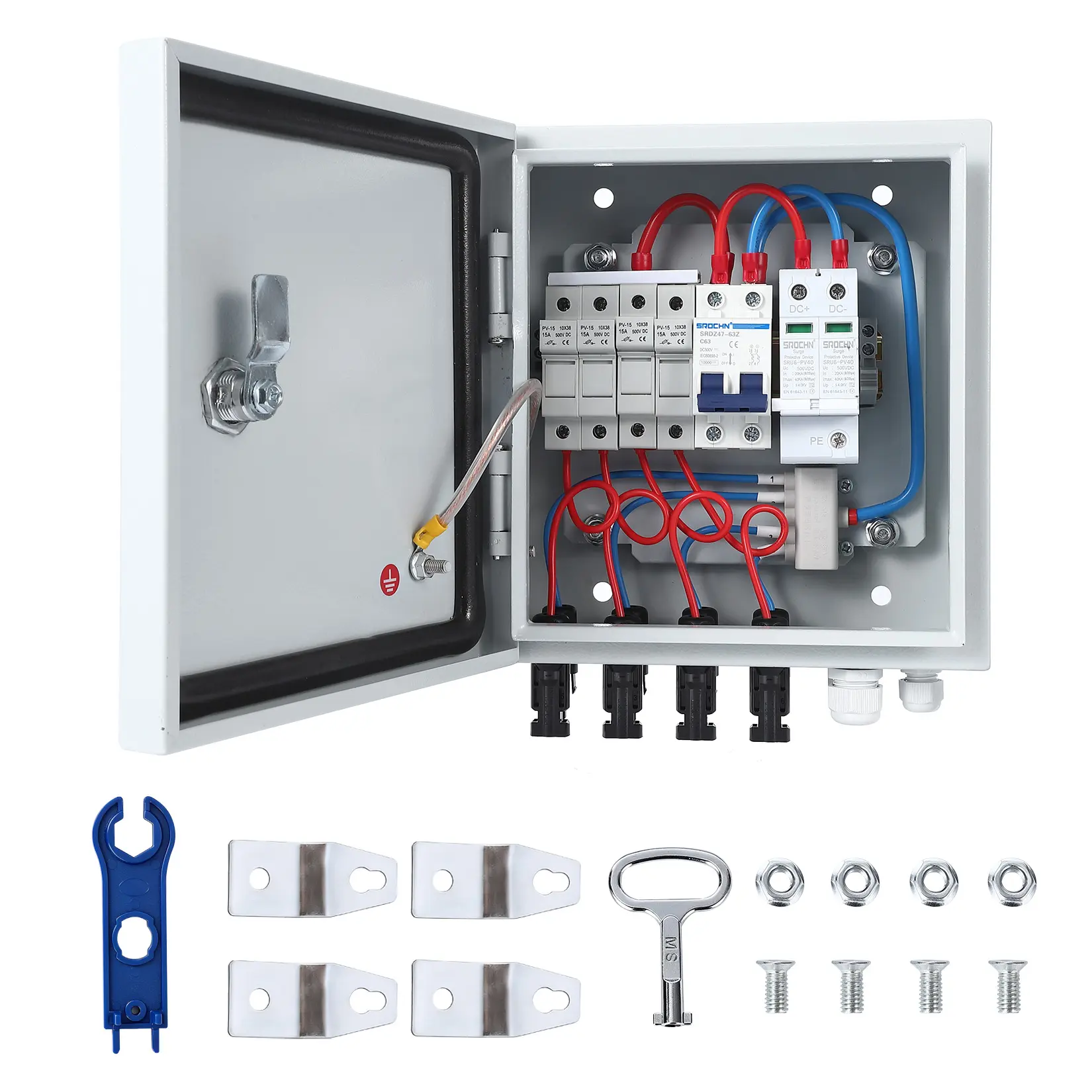 PV Solar Combiner Box 4 Strings Metal Enclosure DC 500V 15A Breaker Safety Circuit Protection for Off Grid Residential System 1 Pack