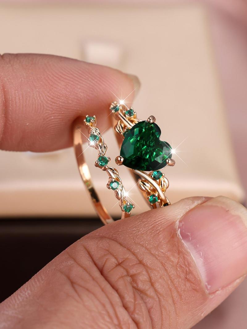 2pcs/set Women's Elegant Artificial Gemstone Decorated Heart Design Ring, Fashion Jewelry For Women & Girls, All-match Accessory, Heart Cluster Ring