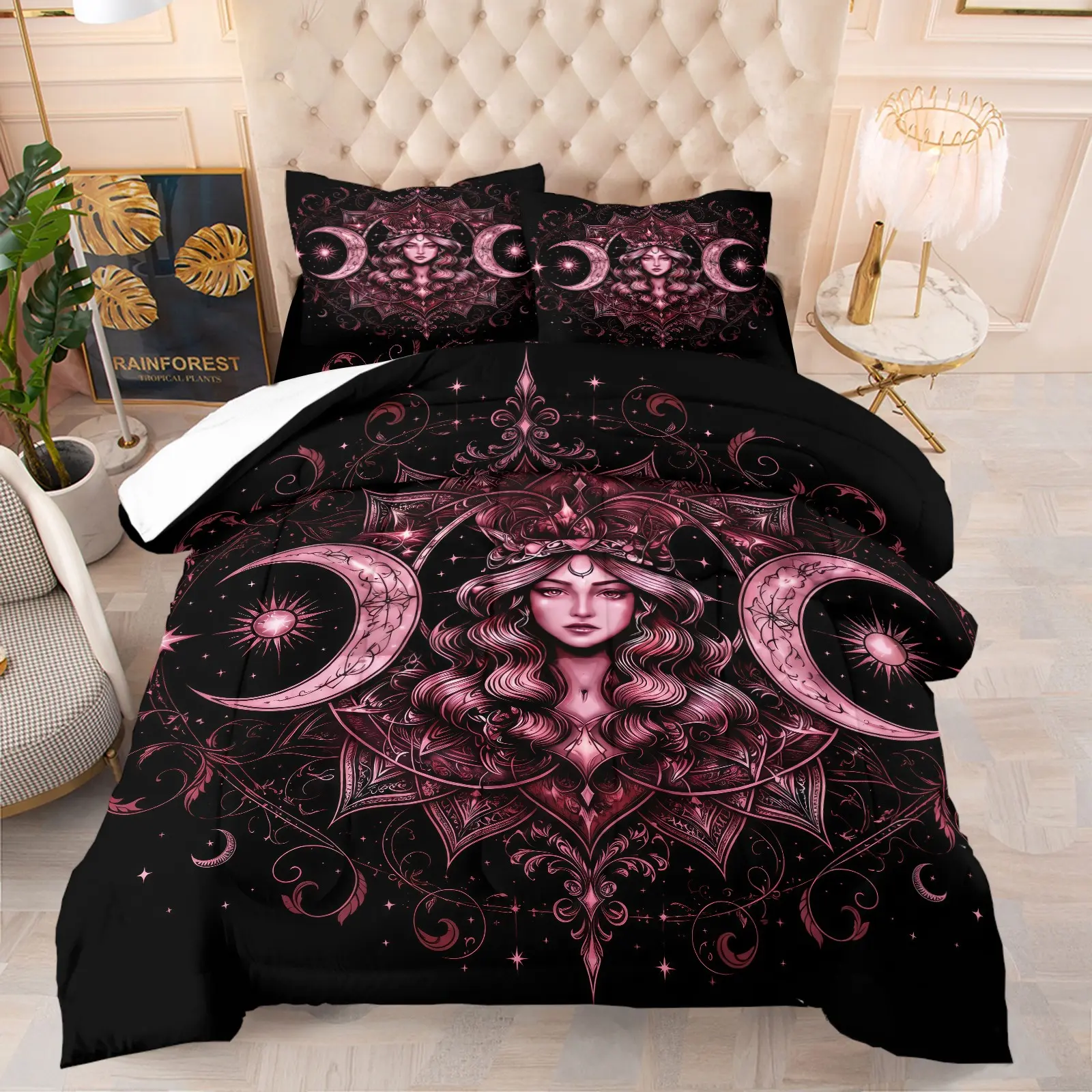 Mystical Pink Triple Moon Goddess & Star Comforter Set, Cozy Bedding Set, Soft Breathable Gothic Night Sky Bedding, 1 Quilt + 1/2 Pillowcases, Unique Witchy Gift Quilt for Bedroom, Dorm & Guest Room, Twin/Full/Queen Size