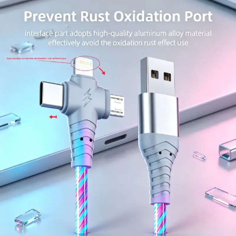 3-In-1 Phone Tablet Charger Cable, LED Light USB-C to Lightning/micro USB/Type-C, Fast Charging, Samsung Galaxy Compatible