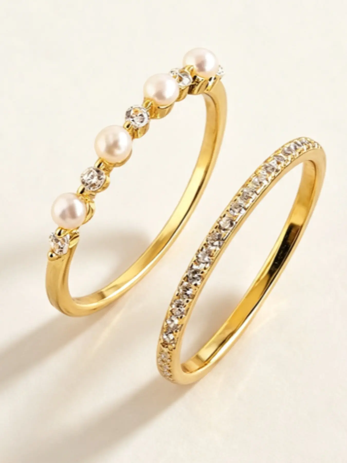 Pearl and Zircon Stackable Ring Set, Elegant Freshwater Pearl Half Eternity Ring, Simple Promise Band, Perfect Gift for Women