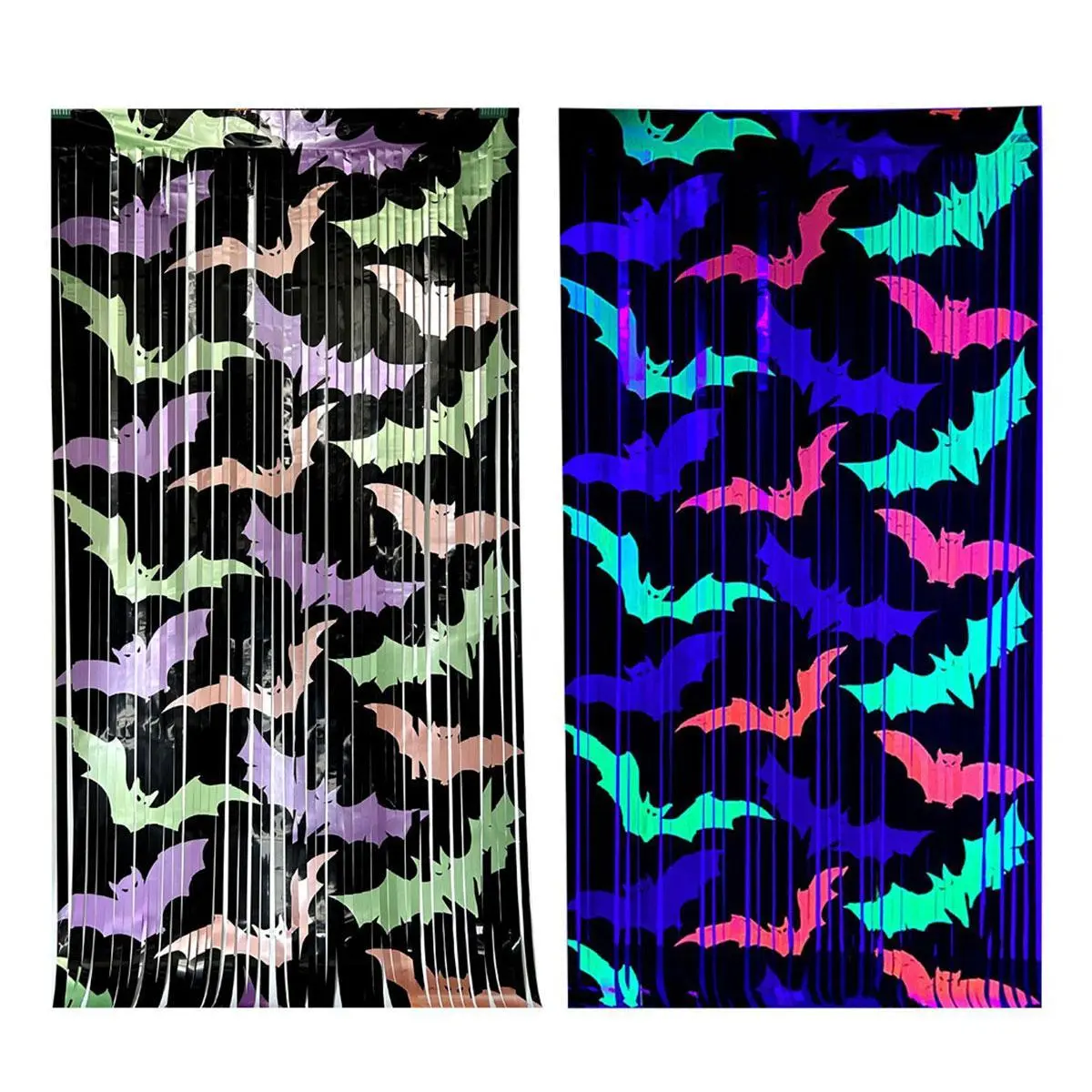 Glow in The Dark Black Bat Fringe Curtain 3.3ft X 6.6ft, Self Adhesive Tinsel Streamer Curtain for Halloween Party Photo Booth Door Wall Decor