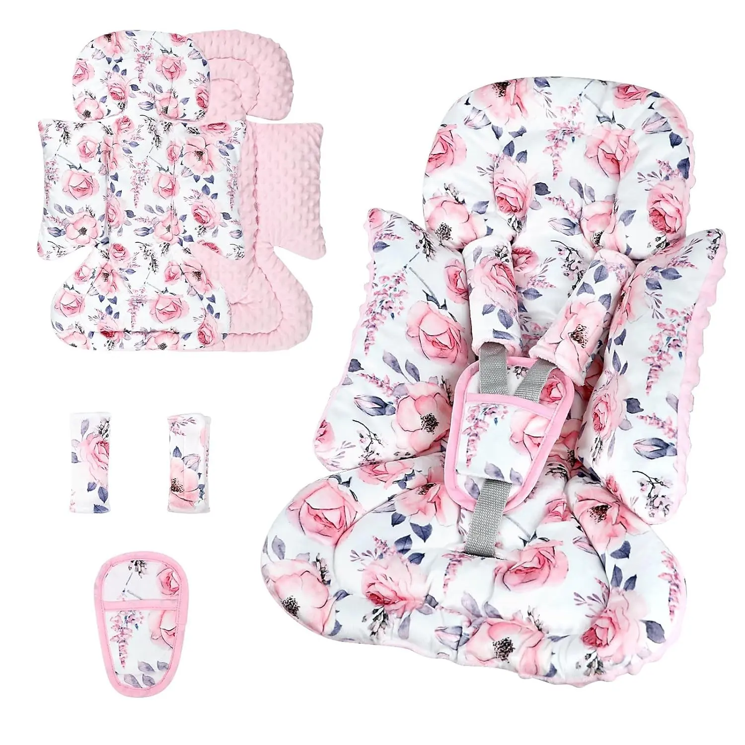 Infant Car Seat Insert with 3 Strap Covers Set, Soft 3-in-1 Baby Head Support Cushion for Car Seats, Strollers, Bouncers, Swings, Pink Floral for GirlsGift
