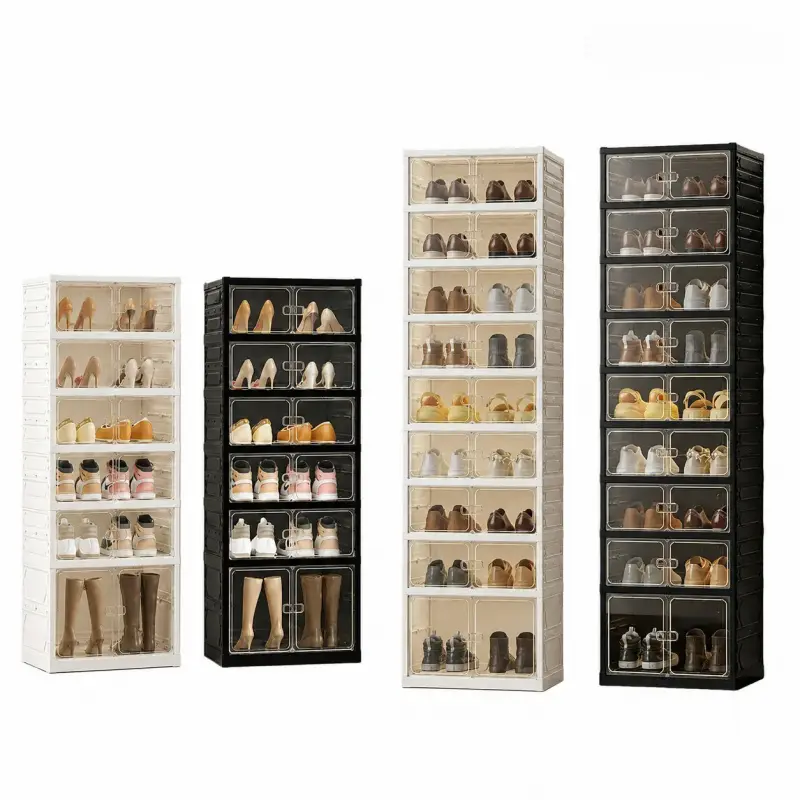 Folding Shoe Rack, Magnetic Clear Door Shoe Cabinet, 9 Tiers Holds 18 Pairs of Shoes, Large Capacity Sturdy Stackable Plastic Shoe Organizer, Space Saving, No Assembly Required