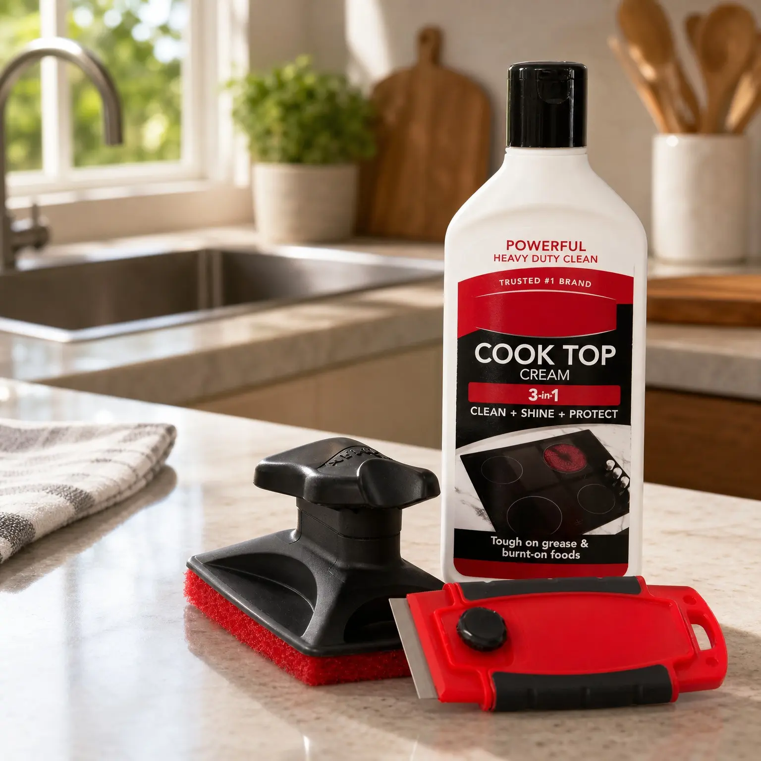 Glass & Ceramic Cooktop, Stove Top & Oven Cleaner Kit with 1 Cooktop Scraper & 3 Scrubbing Pads for Burnt-On Food & Grease - Works on Electric, Gas & Induction Cooktops