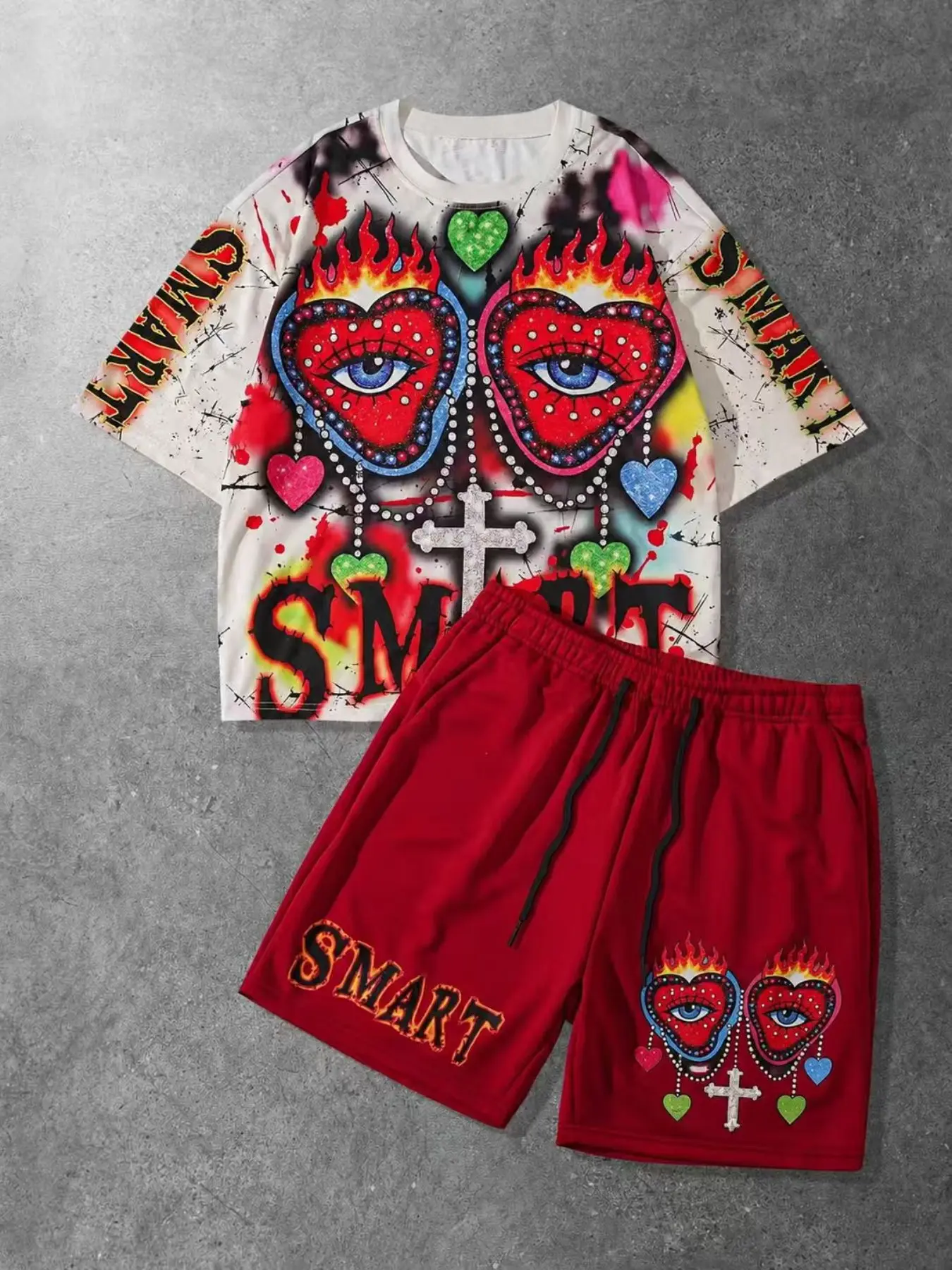 American Street Graffiti Style Sports Set, T-Shirt with Flame Heart Eye and Smart Text, Shorts, Trendy and Cool