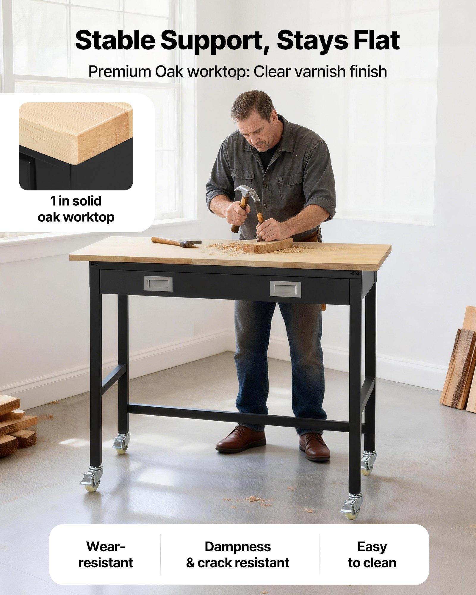 VEVOR 48-inch Workbench, 1500 lbs Load Capacity, Garage Workbench with Drawer Storage & Wheels, Workshop Bench on Wheels, Heavy Duty Oak Wood Top Work Table for Garage, Workshop, Office, and Home