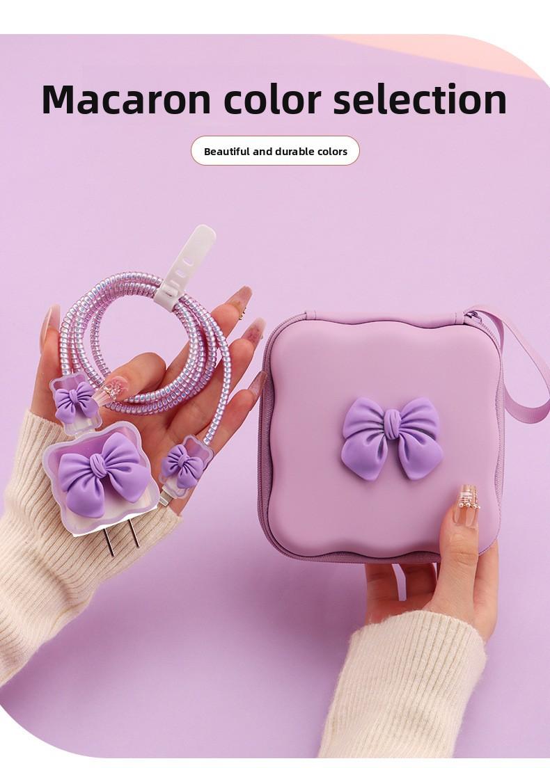 iPhone Charger Cable Protector Set with Cute Pink Bow, Only Compatible with Apple Original 18W/20W Adapter, Anti-Break Data Cable Organizer & Storage Bag for Women Girls (Charger & Cable Not Included)