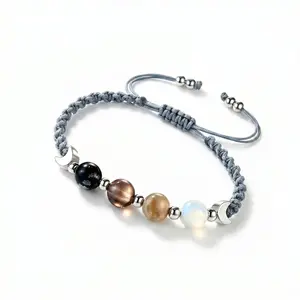Witchy Natural Crystal Energy Bracelet - Moonstone Crystals, Obsidian, Smoky Quartz, Labradorite, Dark Gradient Beads, Soft Cord - Witchtok Everyday Wear Costume Bracelets for Negativity Clearing, Emotion Balancing