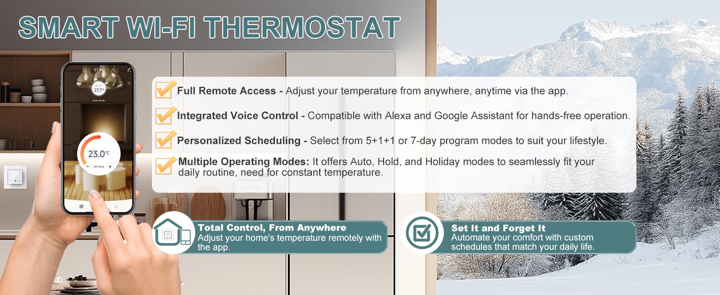 Programmable Thermostat, WiFi Thermostat for Radiant Heating with Touchscreen, 120V-240V Wide Voltage, Dual Sensing, Black