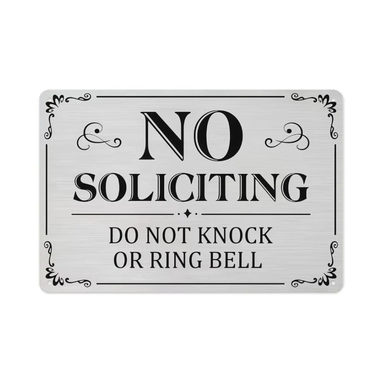 12*8in Elegant Scroll Border No Soliciting Metal Sign, Silver Brushed Aluminum Do Not Knock Or Ring Bell Warning Plaque, Front Door House Entrance Privacy Decor Sign