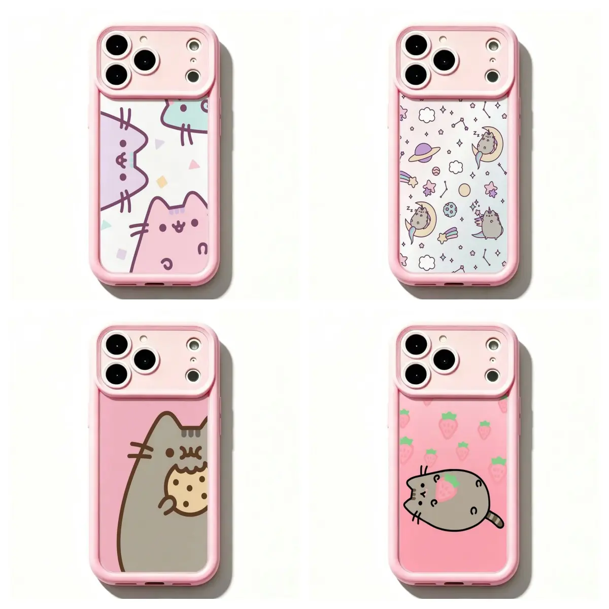 TY-Pink Frame Kawaii Pushe3n Cat Phone Case,Pastel Space Strawberry Cookie Cute Kawaii Girly Aesthetic Protective Cover For iPhone 17 Pro Max 16 E 15 14 13 mini 12 mini 11 Plus For Samsung S21 S22 S23 S24 S25 S26 Case,Perfect Holiday Gift,Halloween Gift
