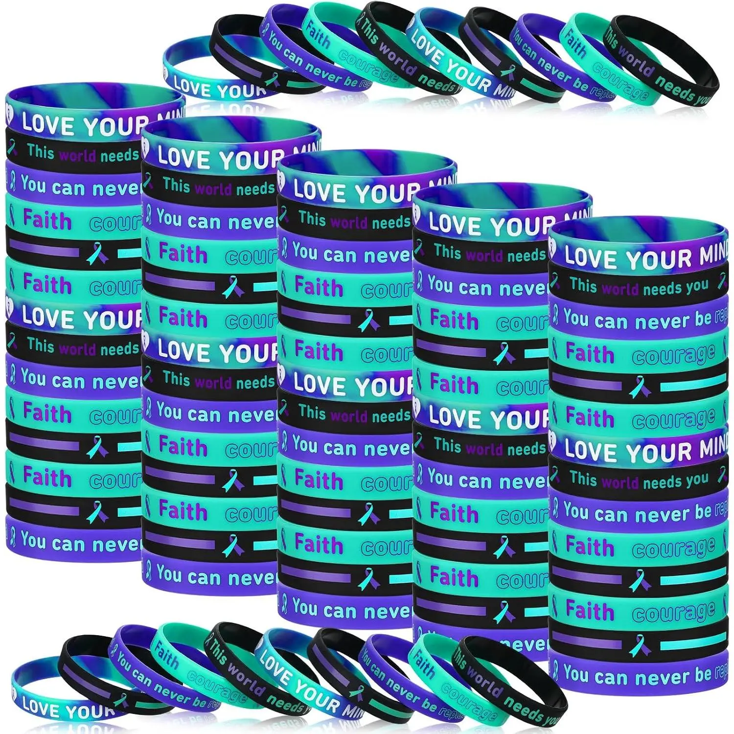 100 count  Prevention Awareness  Wristband Bulk  Teal Ribbon Bracelet Motivational Bracelet for  Prevention Awareness Inspirational Favor Charity Campaign Supplies