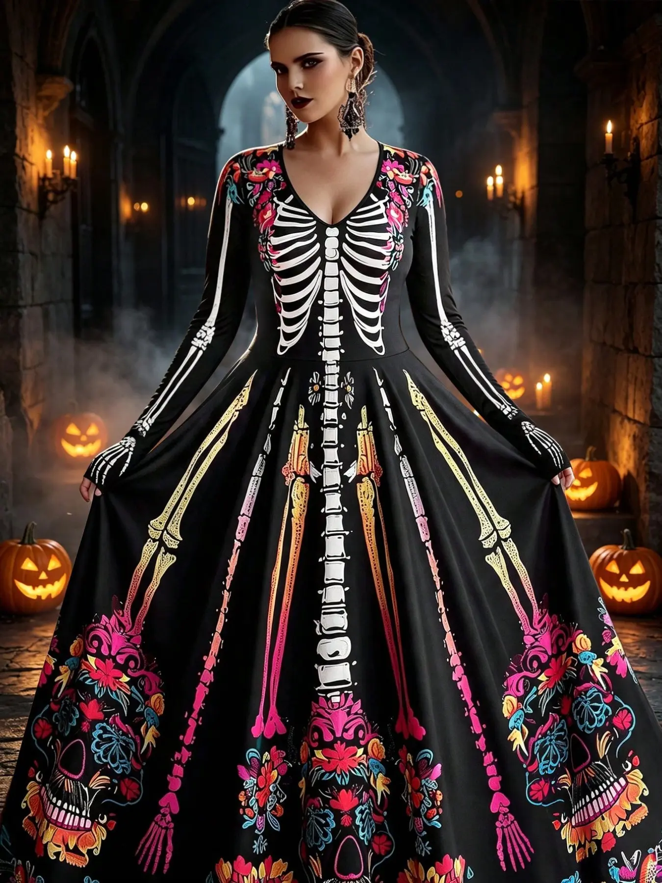 Halloween Skull Floral Print Dress, Women V Neck Long Sleeve, Elegant Party Gown, Fall Winter, Cosplay, Nightclub, Festival