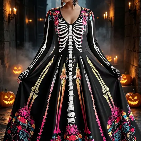 Halloween Skull Floral Print Dress, V Neck Long Sleeve, Elegant Party Gown, Fall Winter, Cosplay, Nightclub, Festival, Women