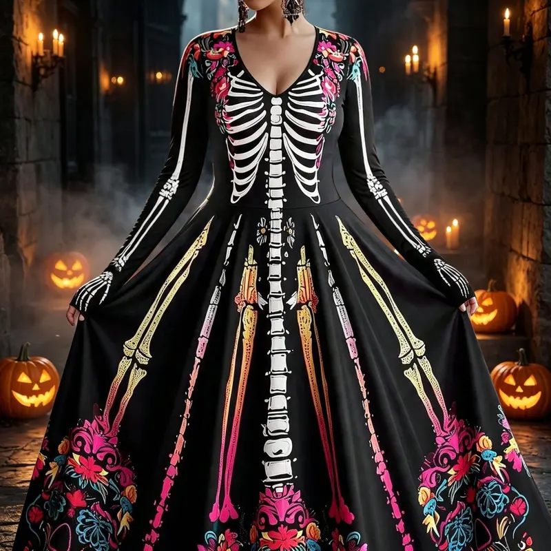 Halloween Skull Floral Print Dress, V Neck Long Sleeve, Elegant Party Gown, Fall Winter, Cosplay, Nightclub, Festival, Women