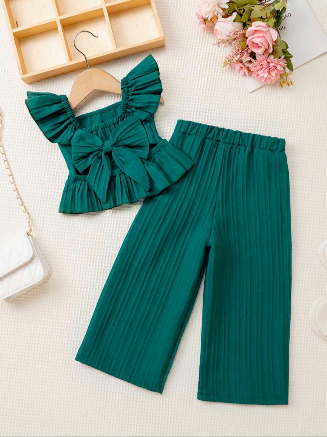 Two-Piece Set Toddler Girl's Solid Ruffle Trim Top & Wide Leg Pants Set, Casual Elegant Square Neck Top & Trousers for Daily Outdoor Wear, Kids Clothes for Summer, Fashion Style Sets