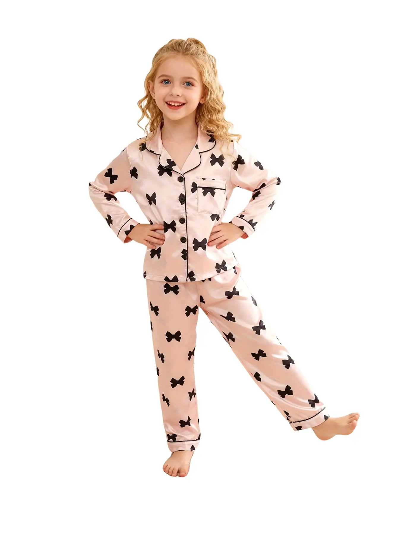 Autumn Winter Girls' Pajama Set, Bow Full Print Long Sleeve Open Front Cardigan & Pants, Soft Skin-Friendly, Home Wear