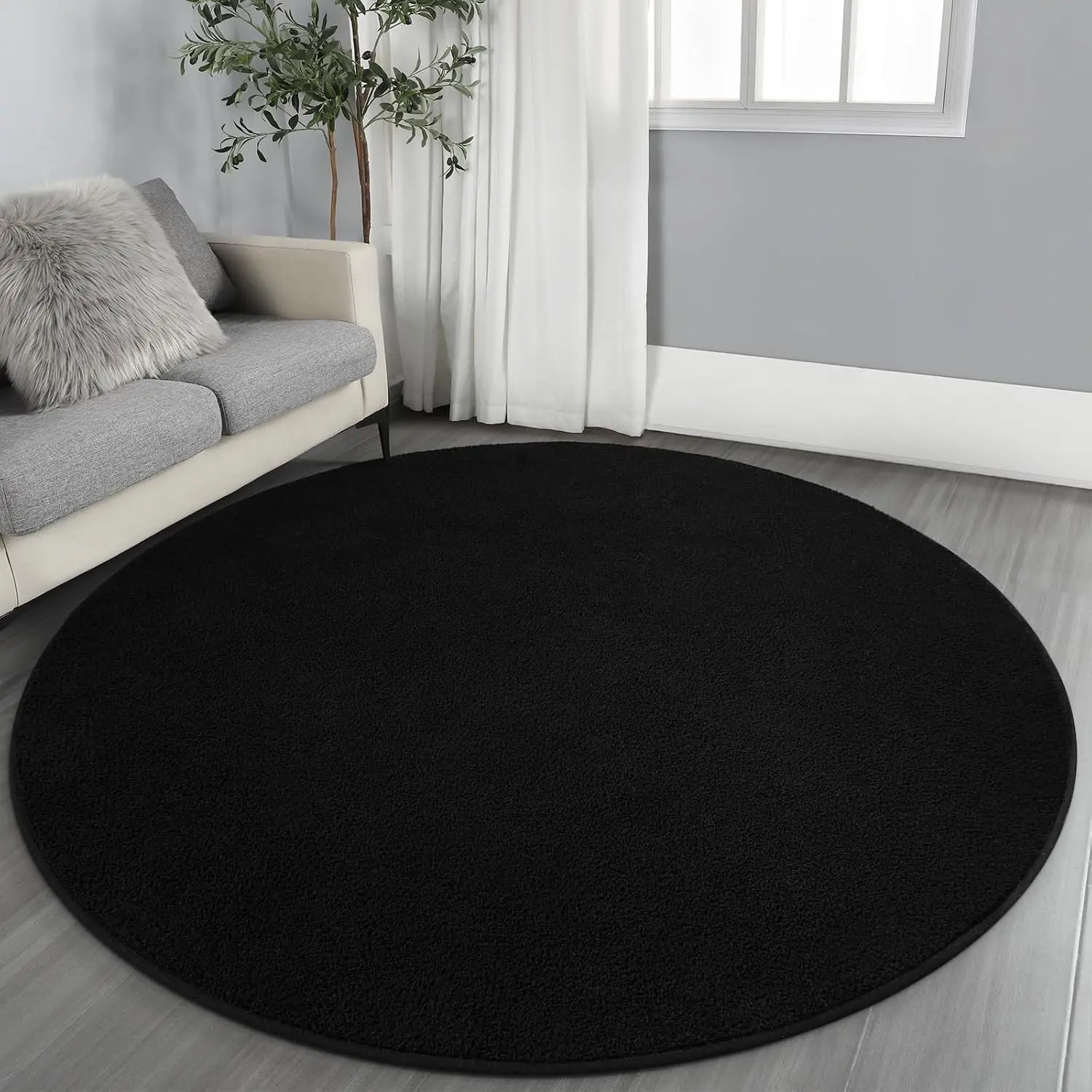 Ultra Soft Round Area Rug for Living Room Bedroom, 4x4 Feet Black | Thickened Memory Foam Indoor Solid Minimalist Carpet, Non-Slip Furry Comfy Rug for Kids Nursery Dorm Room Home DecorGift