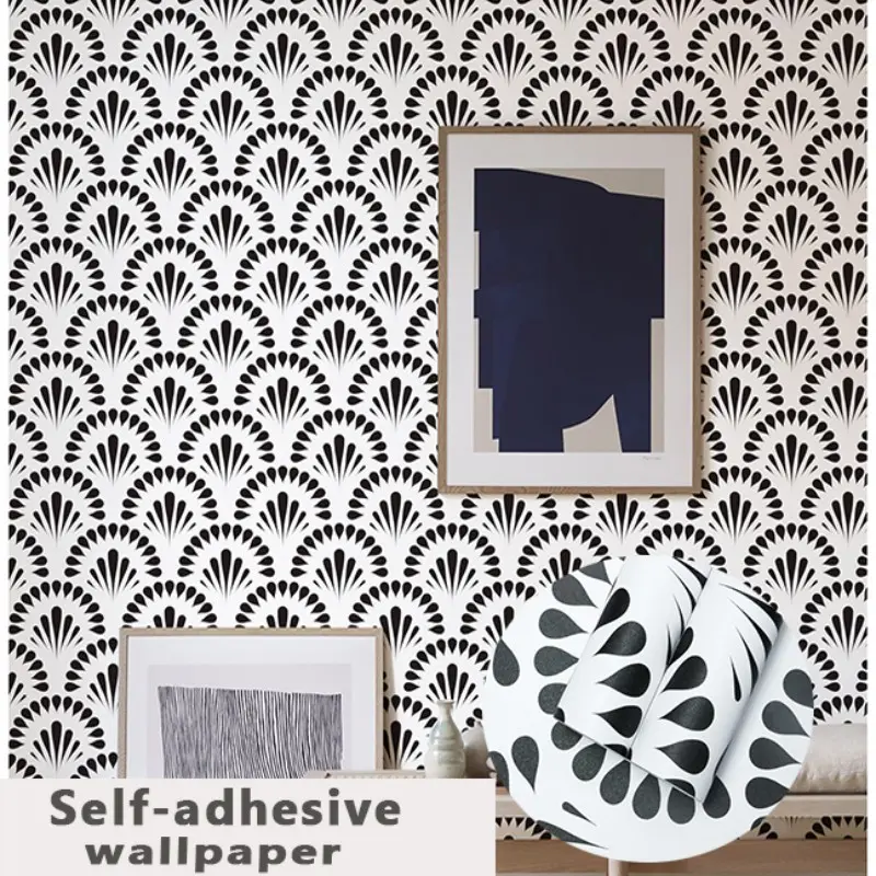 Art Deco Fan Scallop Peel and Stick Wallpaper, Black & Gold Vintage Geometric Self Adhesive Decor Sticker, Waterproof Oilproof Removable Wallpaper for Kitchen Backsplash, Cabinet & Accent Wall DIY Home Renovation