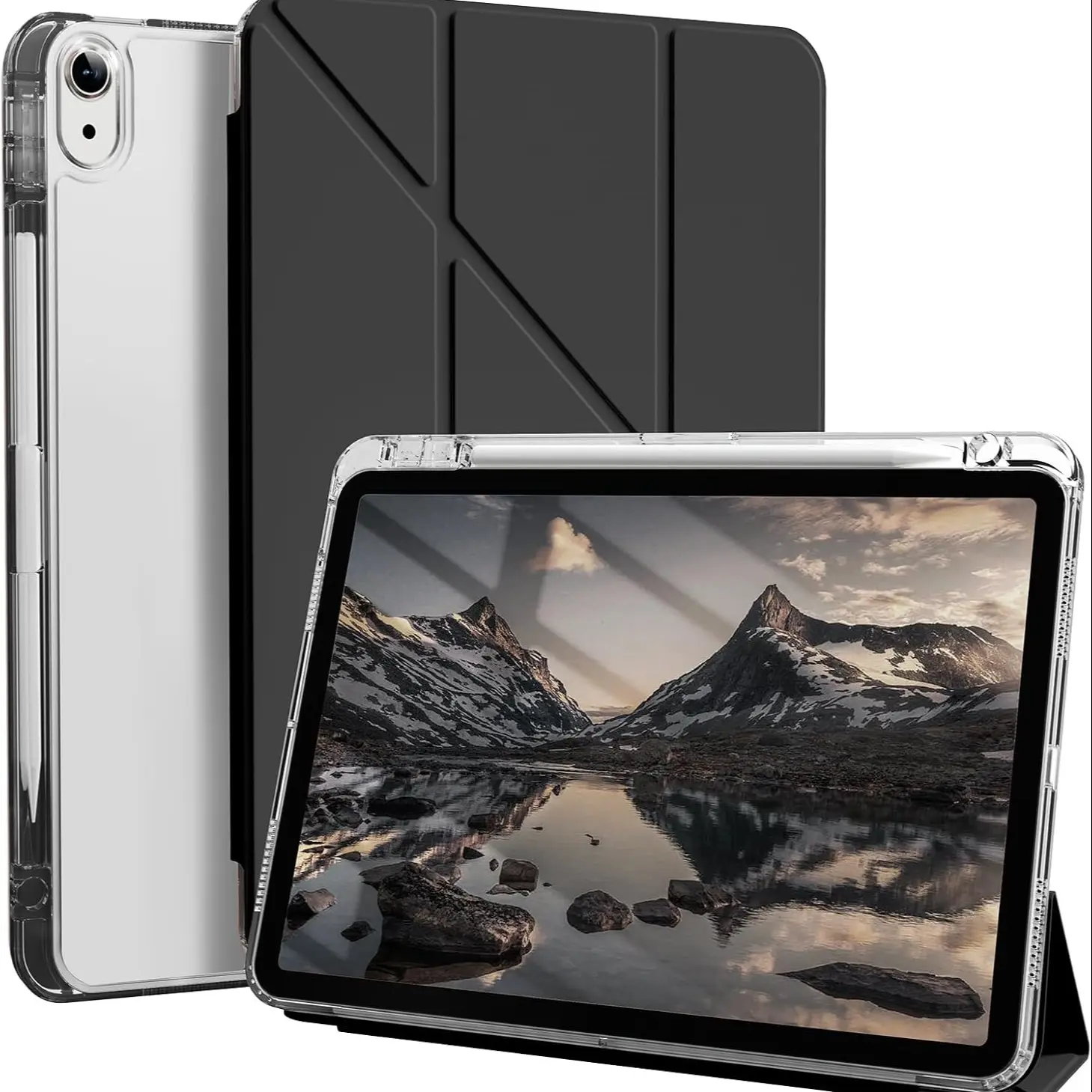 Slim Stylish Clear iPad Pro 11 Case with Pencil Holder, Multi-Angle Folding Y-Shape Stand, Hard Shell Protective Cover