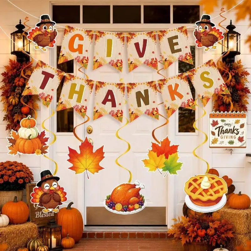 19pcs/2set Autumn Pumpkin Maple Leaf Turkey Pennant Banner, Easy to Assemble, Perfect for Yard Decorations, Thanksgiving Party Decor Banners, Creates an Autumn Atmosphere, Single-Sided Print Autumn Party Decor