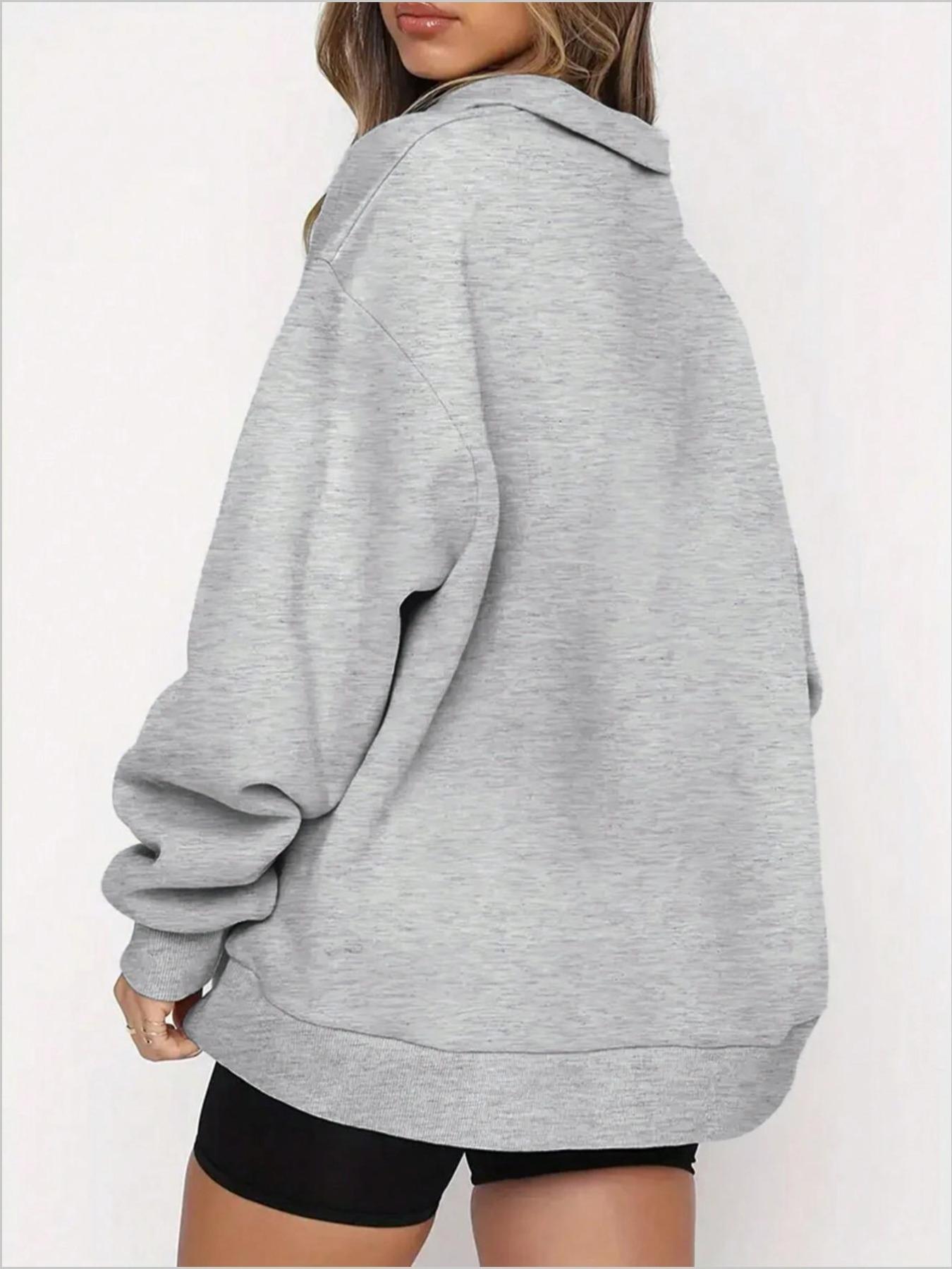 Women's Letter Print Drop Shoulder Half Zip Sweatshirt, Casual Long Sleeve Stand Collar Pullover for Fall & Winter, Women's Clothes for Daily Wear