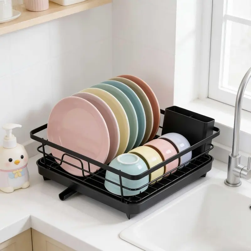 Kitchen utensil organizer with a layered draining structure, equipped with a utensil storage box, and a stable bracket that doesn't shake, putting an end to cluttered and crowded countertops.