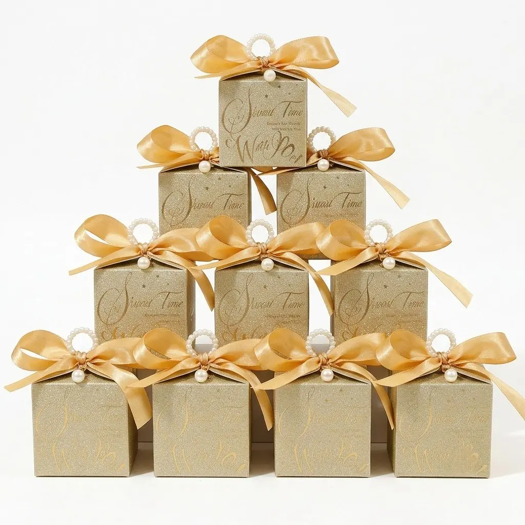 Gold Wedding Favor Boxes 10Pcs, Champagne Gold Paper Candy Boxes with Pearl Handle, Romantic Wedding Party Favor Containers, Gift Packaging Box, Perfect for Bridal Shower, Guest Appreciation Gifts, Wedding Reception, Gift Box Design