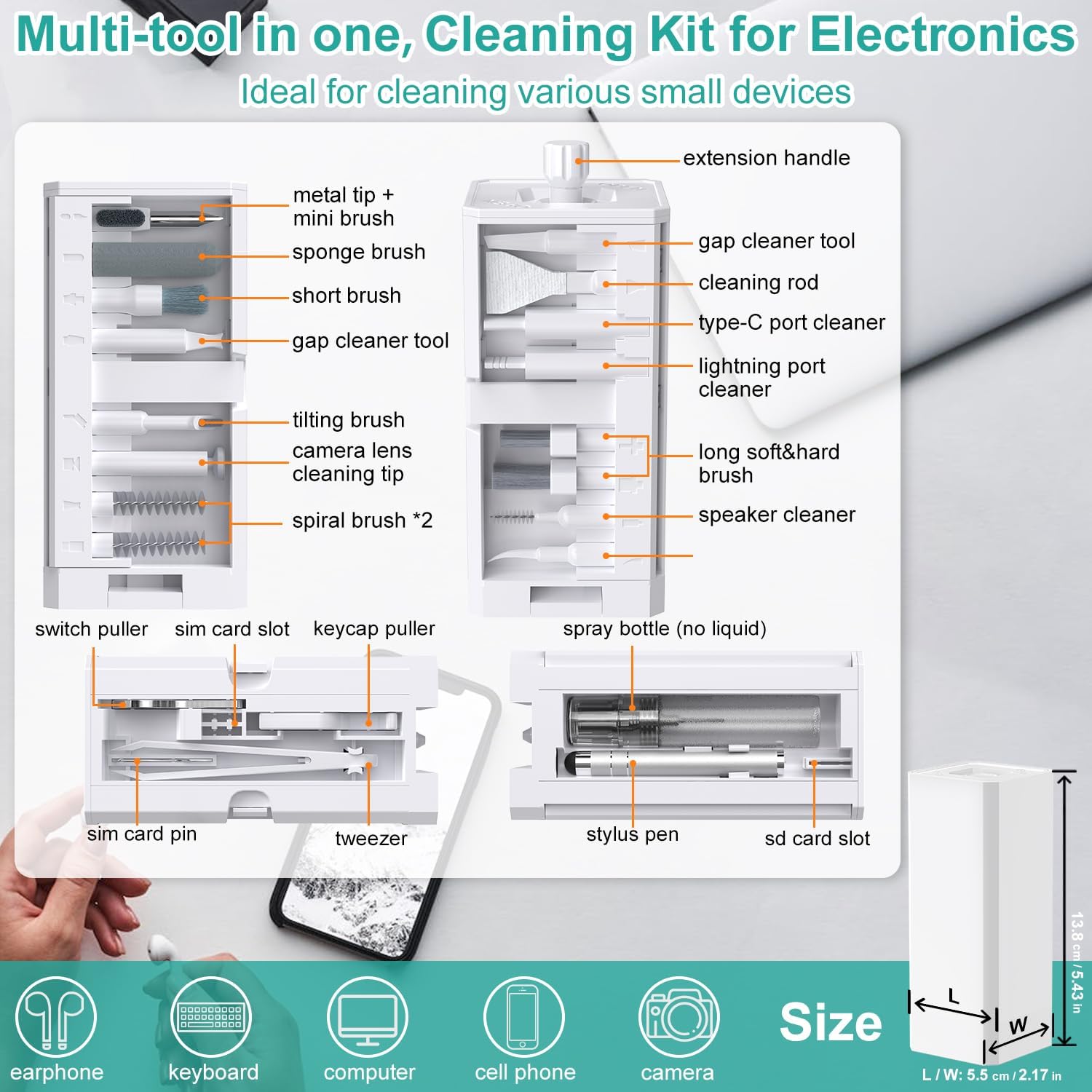 A 32-in-1 keyboard cleaning kit with brush, laptop cleaning kit, mobile phone cleaning tools, speaker cleaner, Cleaner tool set, suitable for headphones, mobile phones, computers, screens, camera lenses, and electronic devices
