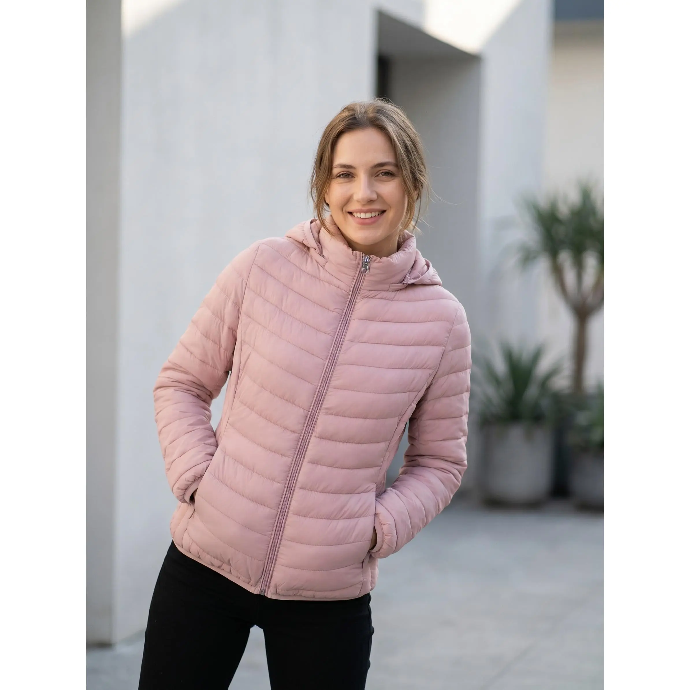 Women's Hooded Padded Coat, Foldable Portable Ultra-Light Windproof Thin Jacket, Outdoor Commuting Travel Trench Coat, with Storage Bag
