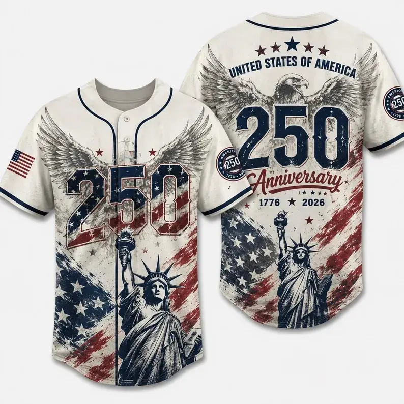 USA 250th Anniversary Baseball Jersey, Patriotic Liberty Print Jersey, 1776–2026 Independence Day Outfit, Unisex 4th of July Sports Jersey