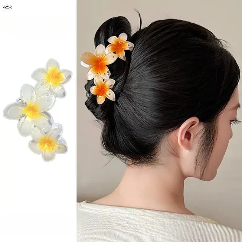 Gradient Plumeria Flower Hair Claw Clip, 7 Multi-Color Tropical Frangipani Banana Clip, Transparent Resin Floral Hair Jaw Barrette, Summer Beach Vacation Hair Accessory for Women Girls Updo Hairstyle