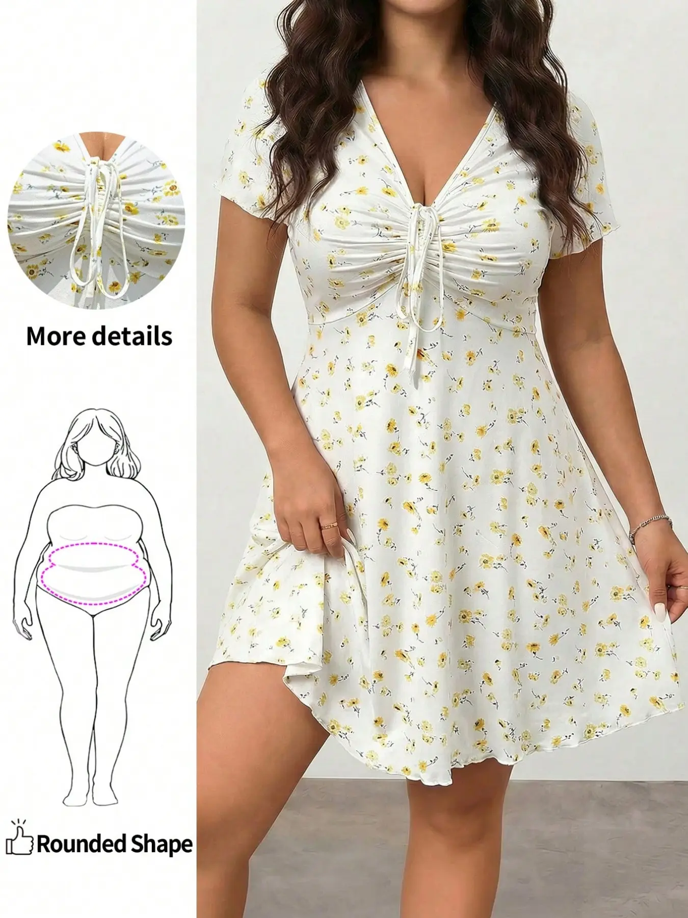 Plus Size Summer Light Ditsy Floral V-Neck Drawstring A-Line Dress, Casual Wear Vacation Style Tummy-Concealing Short Dress for Women