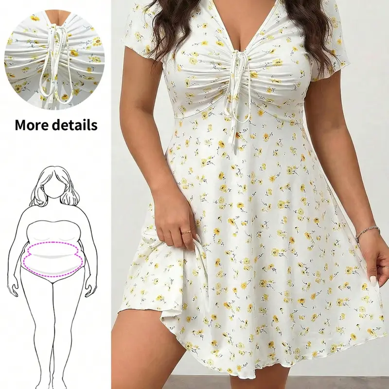 Plus Size Summer Light Ditsy Floral Fashion Printed Pattern V-Neck Drawstring A-Line Dress, Casual Wear Vacation Style Tummy-Concealing Short Dress for Women